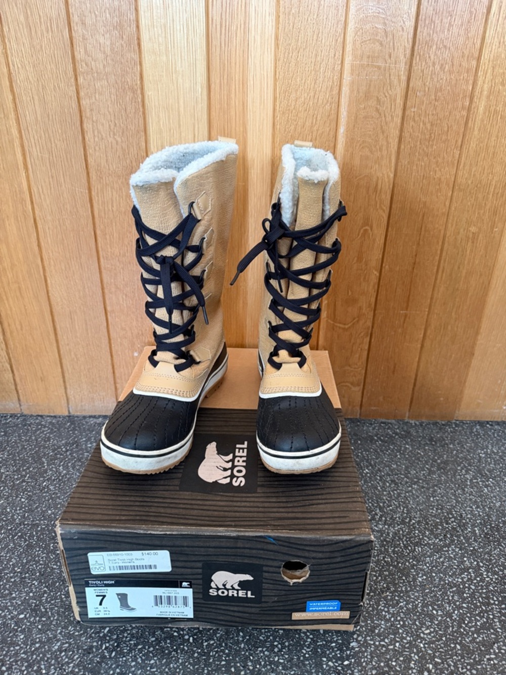 Sorel Tall Lace-Up Winter Boots in Tan, Black and White